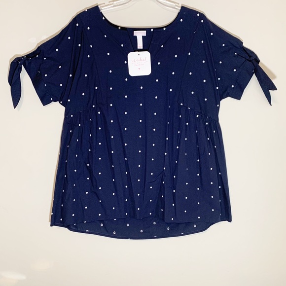NWT Isabel Maternity (size L)Navy Polka Dot Short sleeves, keyhole ties, Top - Picture 5 of 11